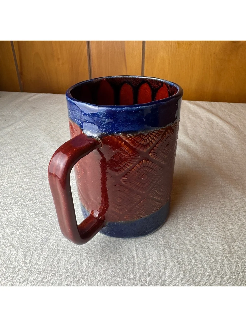 Studio Pottery Mug Red Blue Glaze Textured Geometric Design 4.75 Inch